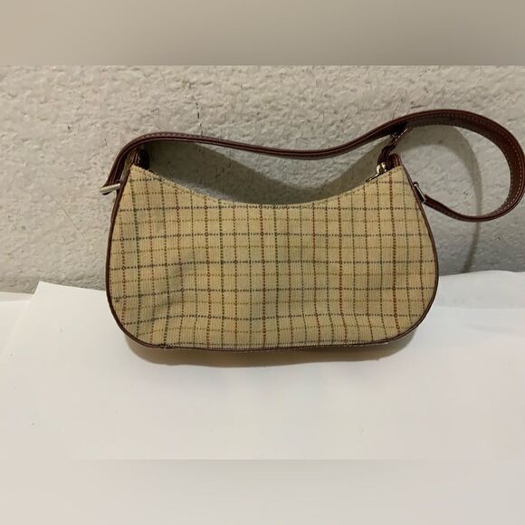 LIZ CLAIRBORNE small hobo bag tweed plaid leather trim handle - Picture 1 of 12
